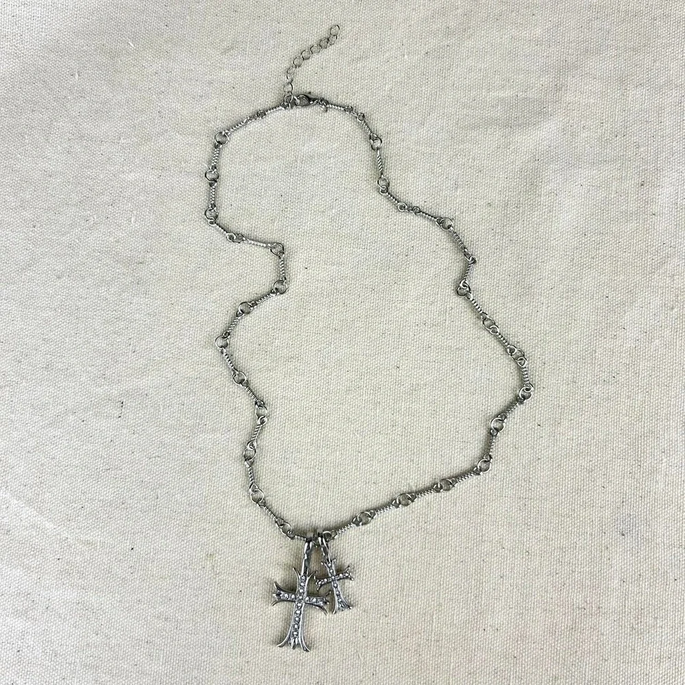 Vintage Y2K silver double cross opium style necklace diamond chain
